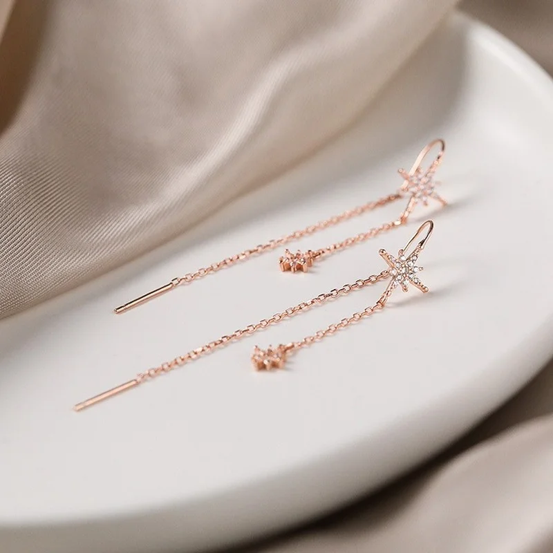 New 925 Silver Star Inlaid Zircon Earrings Ladies Temperament Long Tassel Earrings Simplicity Luxury Jewelry Silver Color Gifts