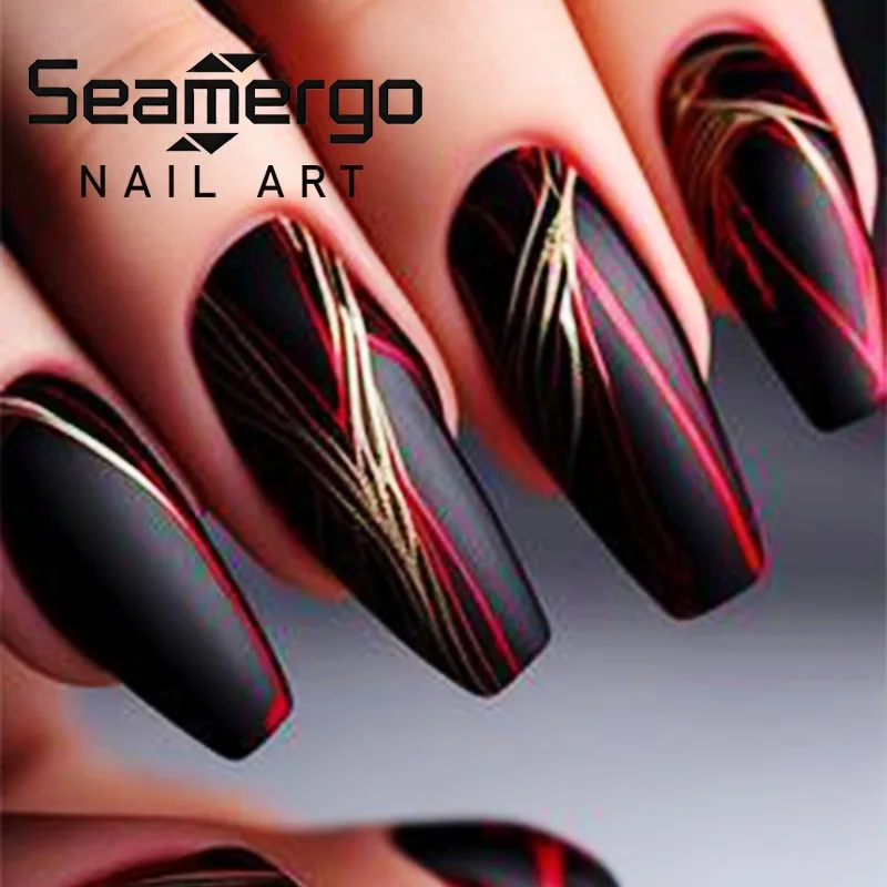 24PCS Ballet False Nails with Golden Lines Black Short Coffin Fake Nails for Women Minimalist Style Wearable Press on Nails Tips