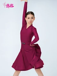 Venny Children's long sleeved one piece Latin dance outfit, professional standard clothing for competition performance