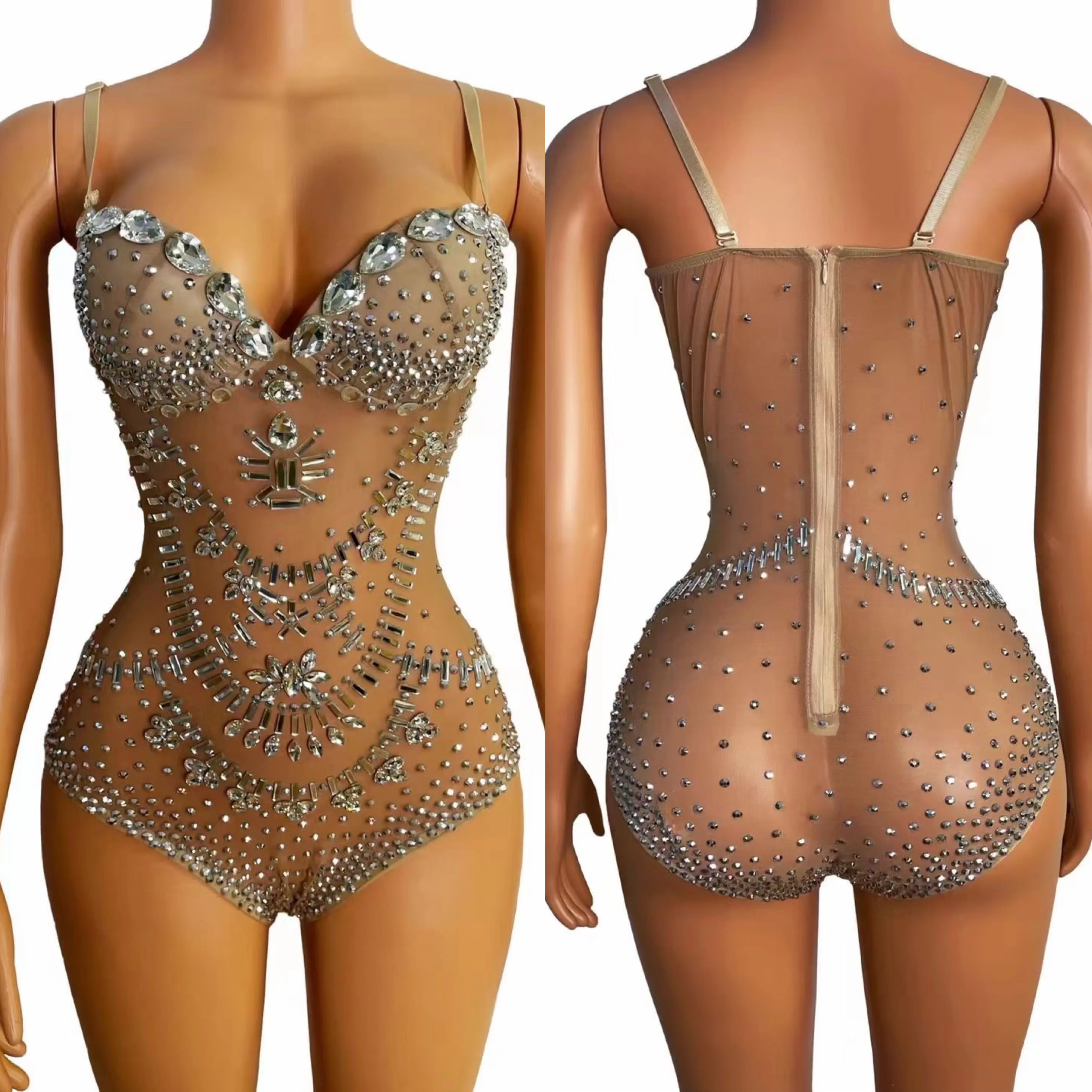 Nu cinta de espaguete brilhando strass cristal sexy bodysuits para mulheres boate dj roupas cantor baile de formatura trajes de palco