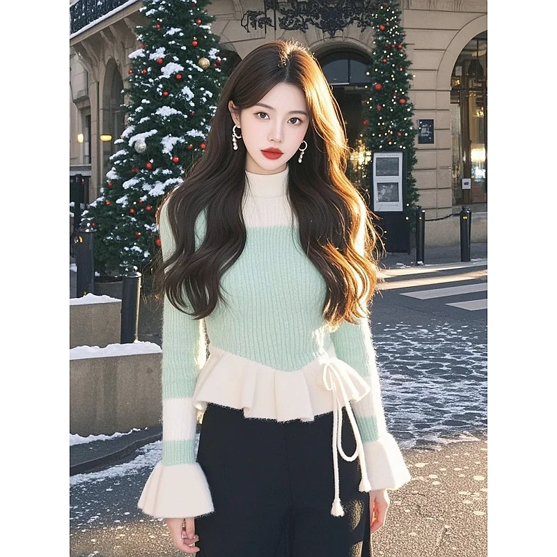 High Street Winter Green Splicing Pullovers Women Vintage for a Skinny and Gentle Style Drawstring Elegant All-match Sweaters