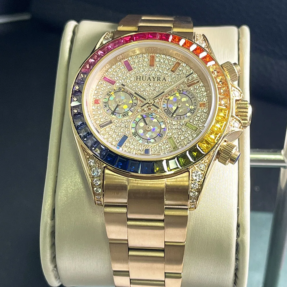 40MM design Top luxury brand Mechanical automatic watch Men\'s rainbow multi-color bezel Business waterproof watch ST6502 movemen