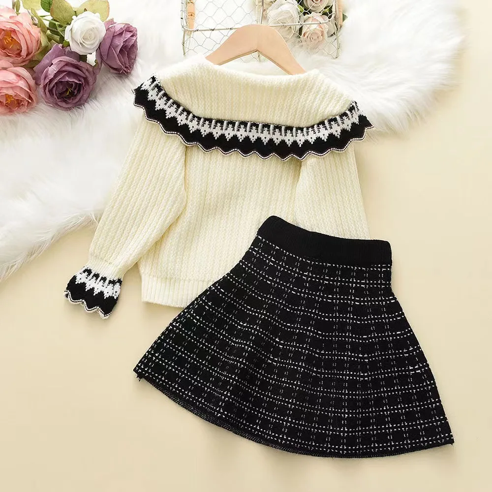 

Korean Spring and Autumn Winter New Girl's Knitted Set Skirt, Baby Girls' Academy Style Sweater, Two Piece Set