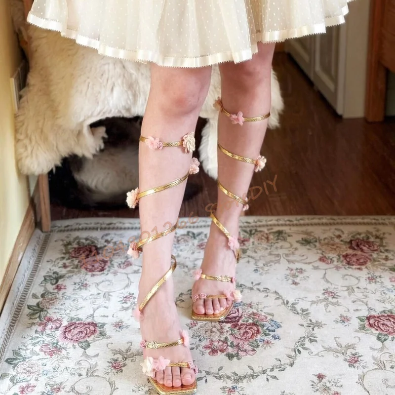 Snake Design Ankle Wrap Thin High Heel Summer Boots Sandals Women Gold Leather Straps with Flower Sparkling Sexy Party Shoes