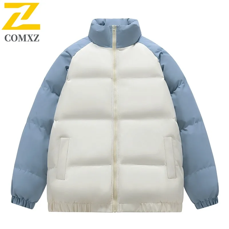 COMXZ Men Padding Coat Stand Collar Cold Proof Winter Jacket Color Block Windproof Zipper Pocket Casual Thickened Outerwear