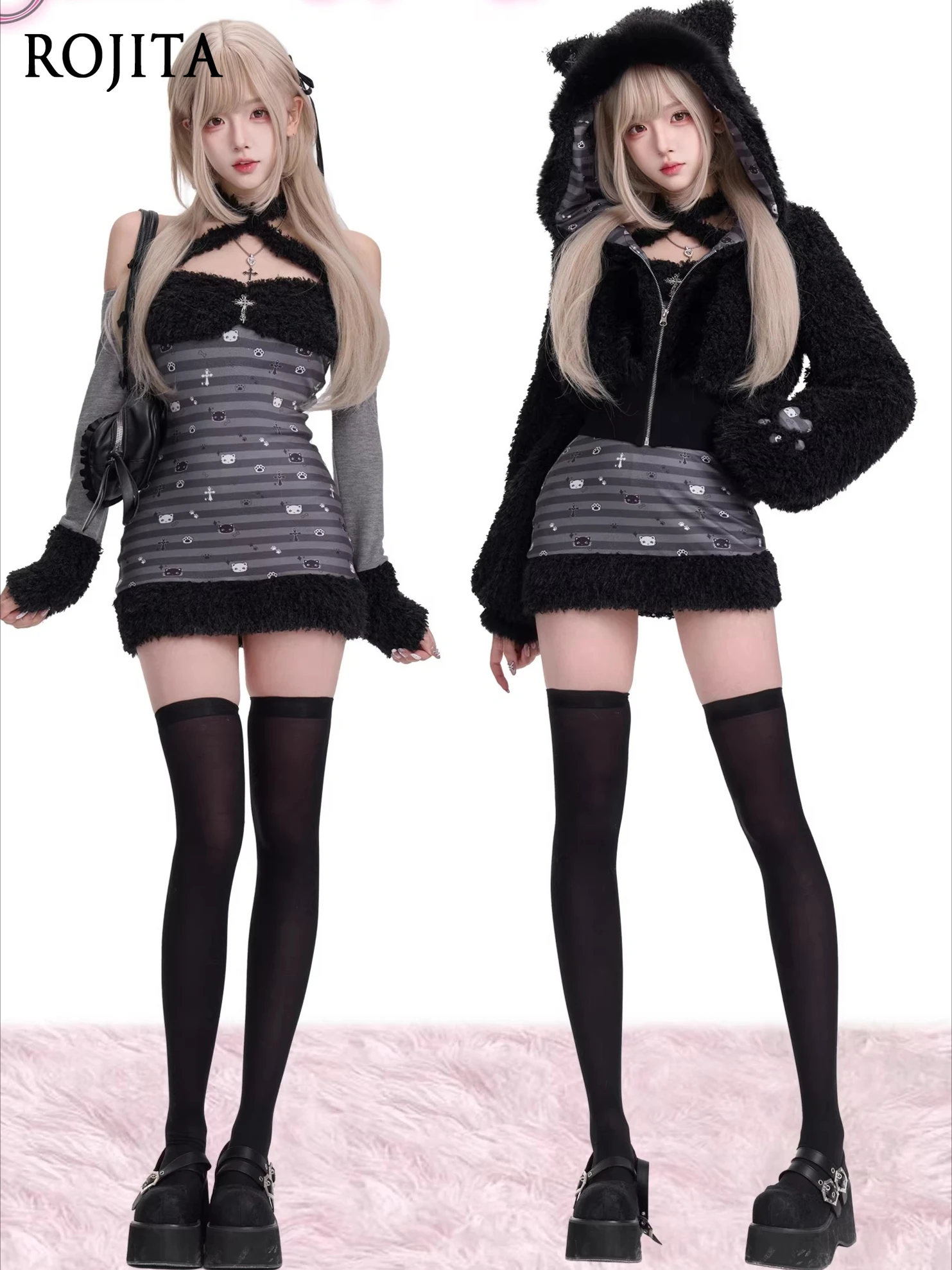 

Повседневное платье с длинными рукавами в полоску с принтом черного кота для девочек, осень-зима, черная короткая плюшевая куртка с капюшоном