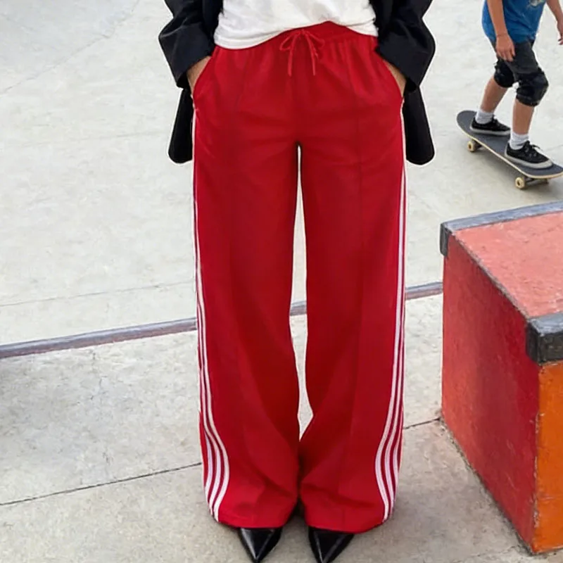 한국 봄 도파민 스트라이프 여성 빈티지 하라주쿠 바지 하이 스트리트 출퇴근 패션 트렌드 루즈 스트레이트 캐주얼 팬츠