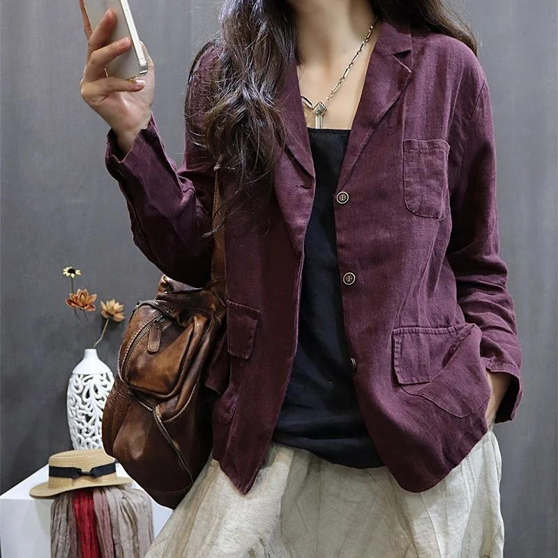 Literary Spring Summer Hemp Jacket Women Long Sleeves Single Breasted Breathable Cotton Linen Coat Women Casual Outwear