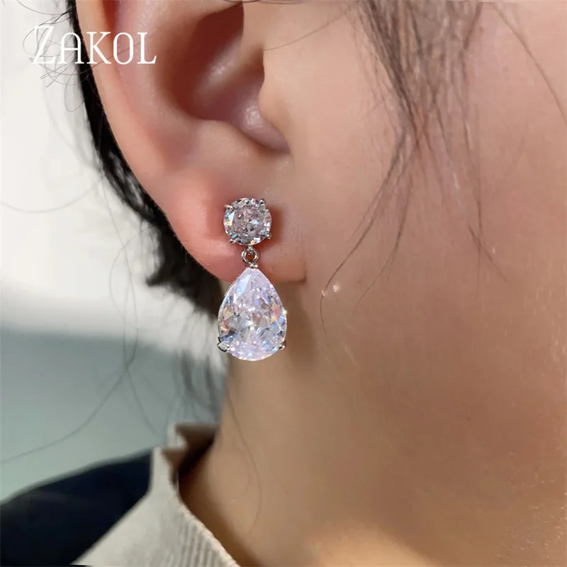 ZAKOL 3 Pcs Luxury Water Drop Zircon Necklace Earrings Bracelet Set for Women Bridal Wedding Party Dress Jewelry Set SP461