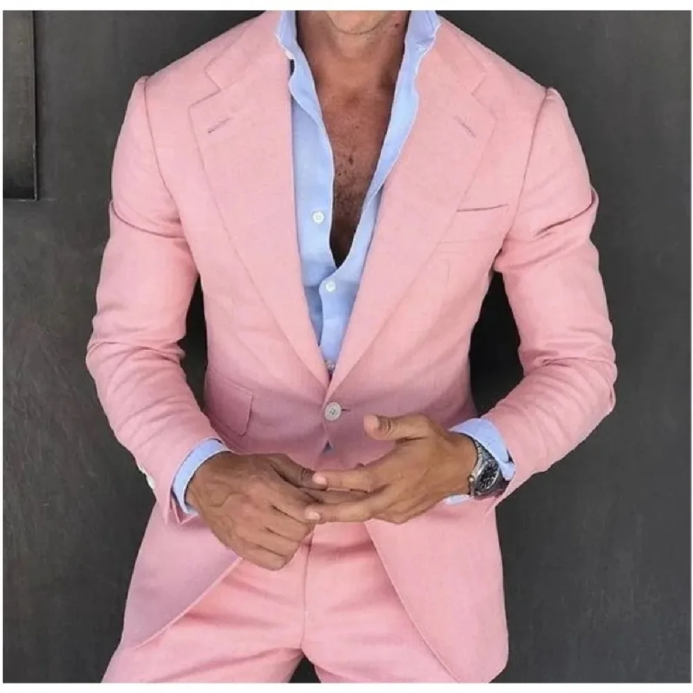 

Pink Mens Suits Slim Fit Wedding Suits For Men Formal Tuxedo Costume Homme Mariage Summer Beach Suit（jacket+pants）