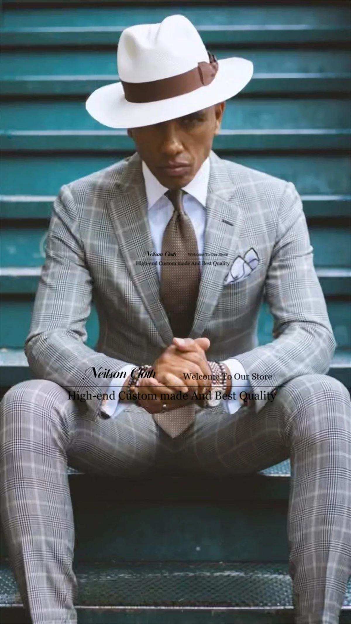 

Fashion Plaid Male Prom Blazers 2 Pieces Sets Grey Groom Wedding Tuxedos Groomsmen Customized Notched Lapel Costume Homme