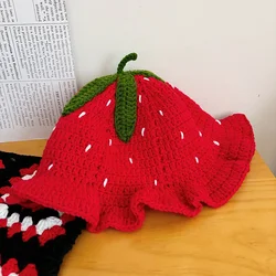 Handmade Crocheted Knitted Wool Bucket Hat Sweet Cute Warm Bucket Hat Lotus Leaf Edge Strawberry Design Pot Hat