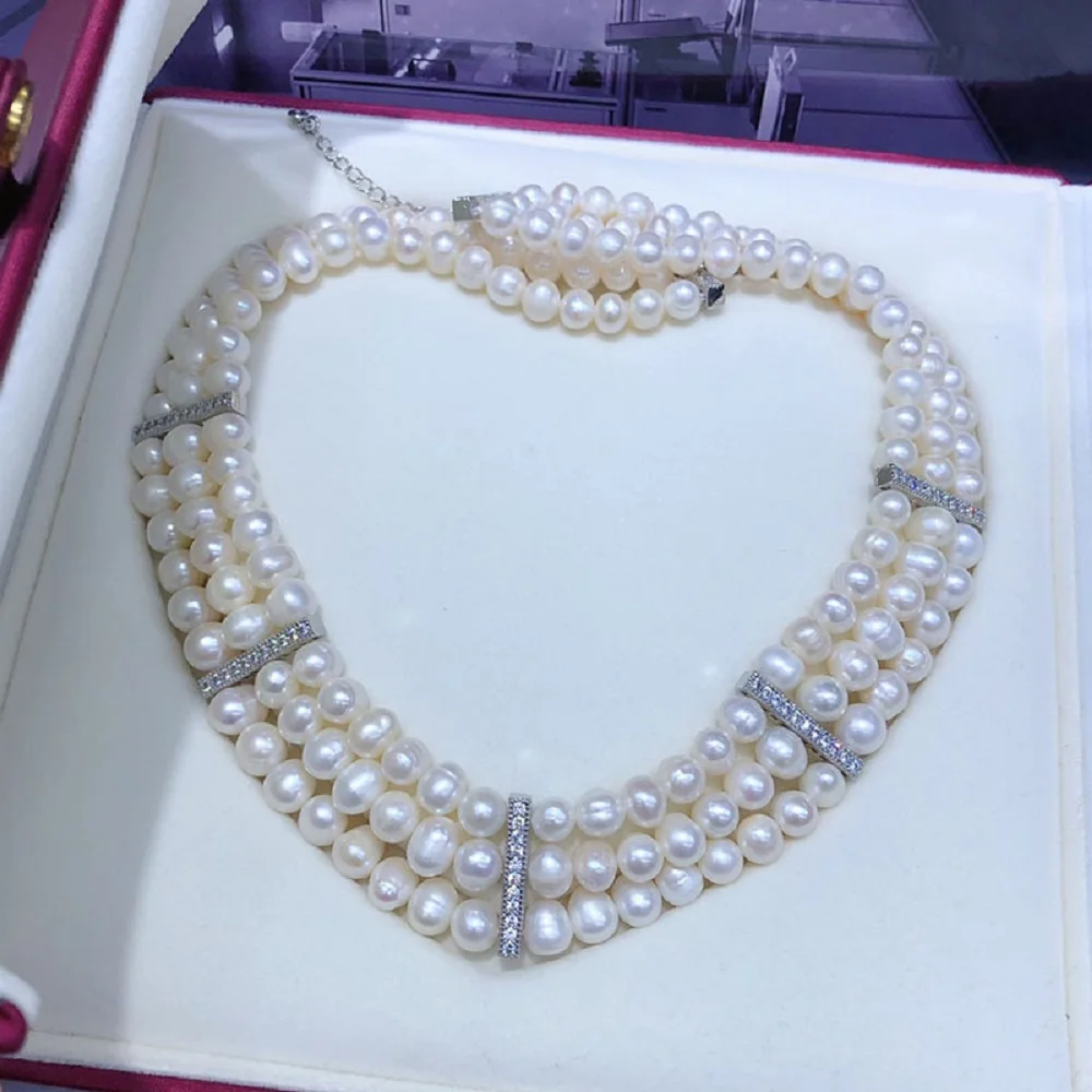 New 3-Row Pearl Necklace AAA 7-8mm Natural South Sea Round Pearl Necklace 925s 18 * 19 * 20 inches Other Sizes Please Contact Us