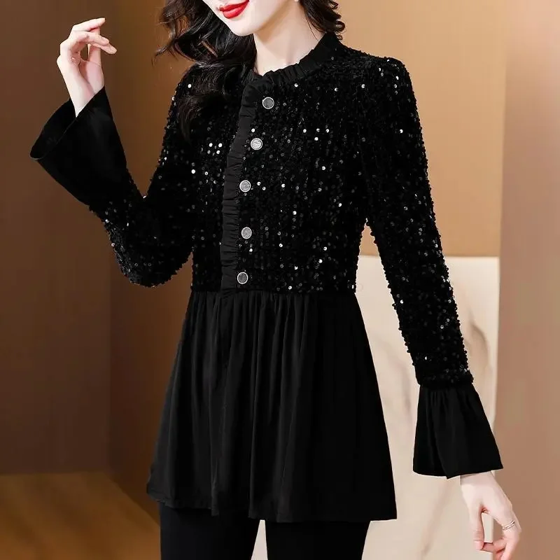 

2025 Fashion Temperament Long Spring And Autumn Coat Long Sleeve Shirt Sequins Bell-Bottomed Sleeve Splicing New Cardigan Tops