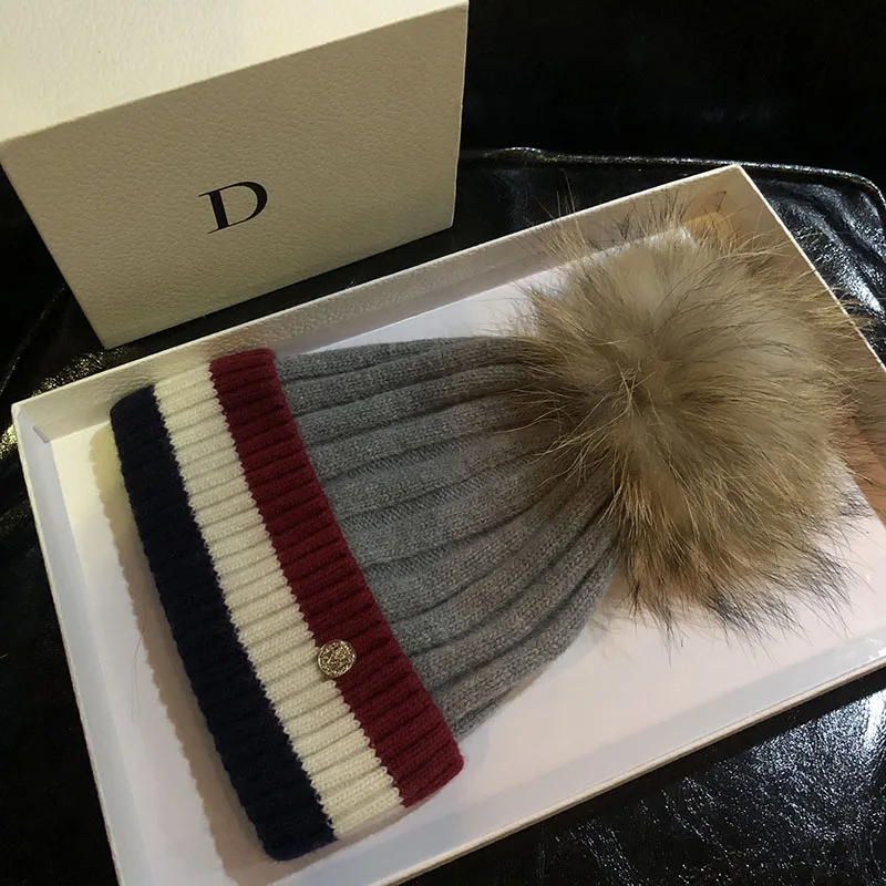 Adult Winter Wool Beanie Hats for women 100% Raccoon Fur Pompom Hat Female knitted pompon caps