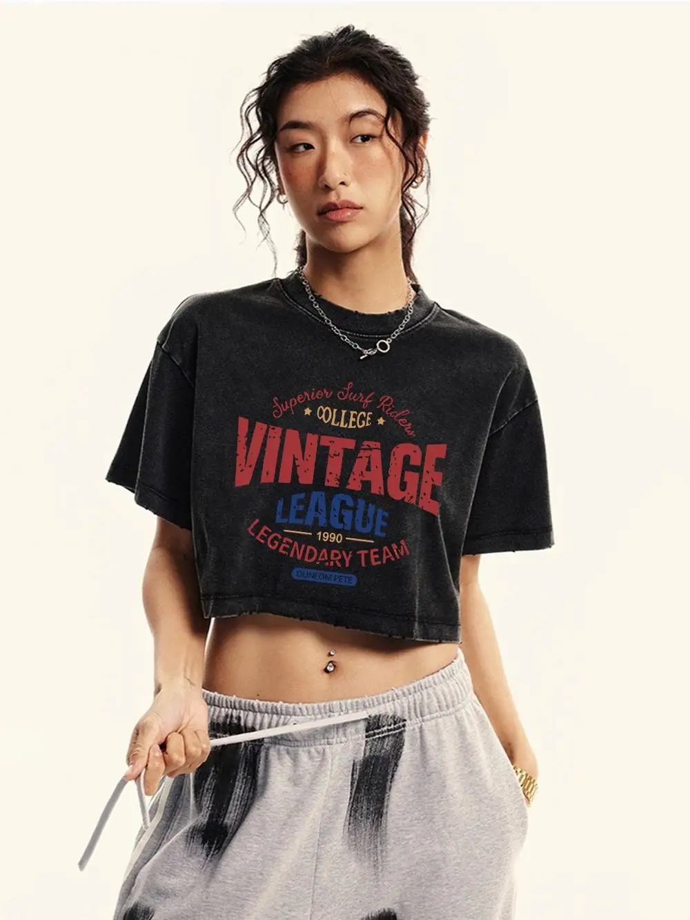 Woman Cotton Crop Washed T-Shirts Vintage League Letter Prints Short Sleeve Loose O-Neck Distressed Tops Female Street Clothes