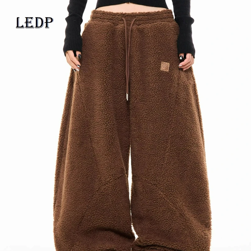 

American Retro Lamb Wool Drawstring Women's Casual Pants Winter New Thickened Elastic Waist Loose Wide Legs Warm Trousers Girl