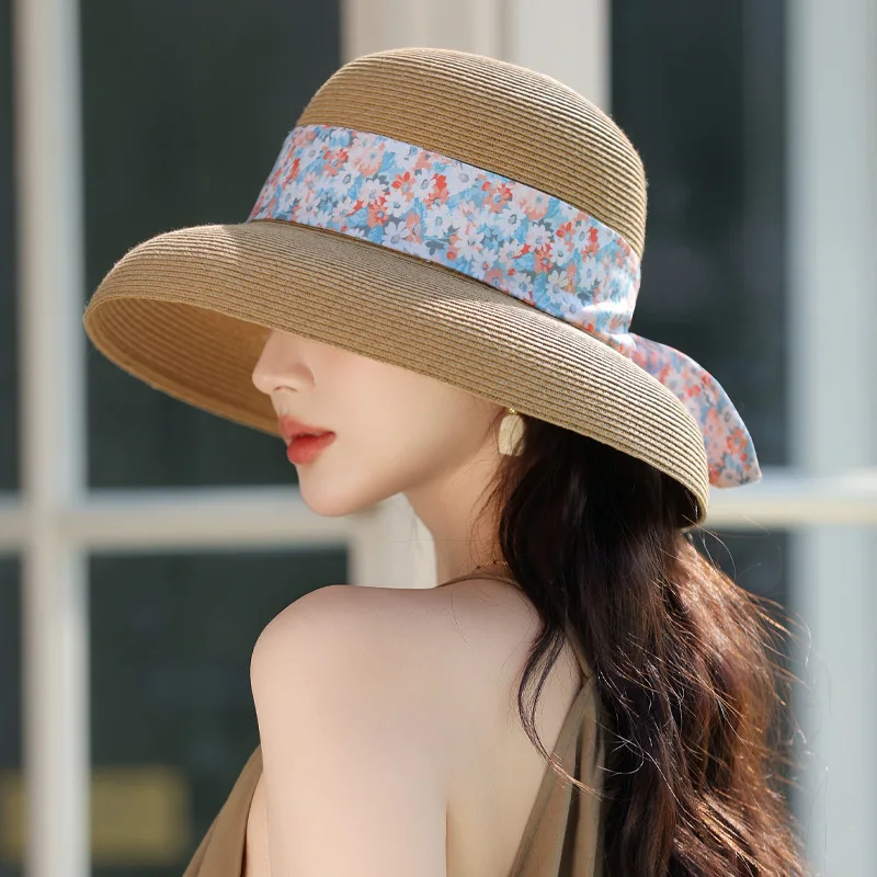 

Лето 2025 года, новая высококачественная соломенная шляпа из рафии с цветочной лентой, женская модная пляжная солнцезащитная шляпа для морского туризма и туризма