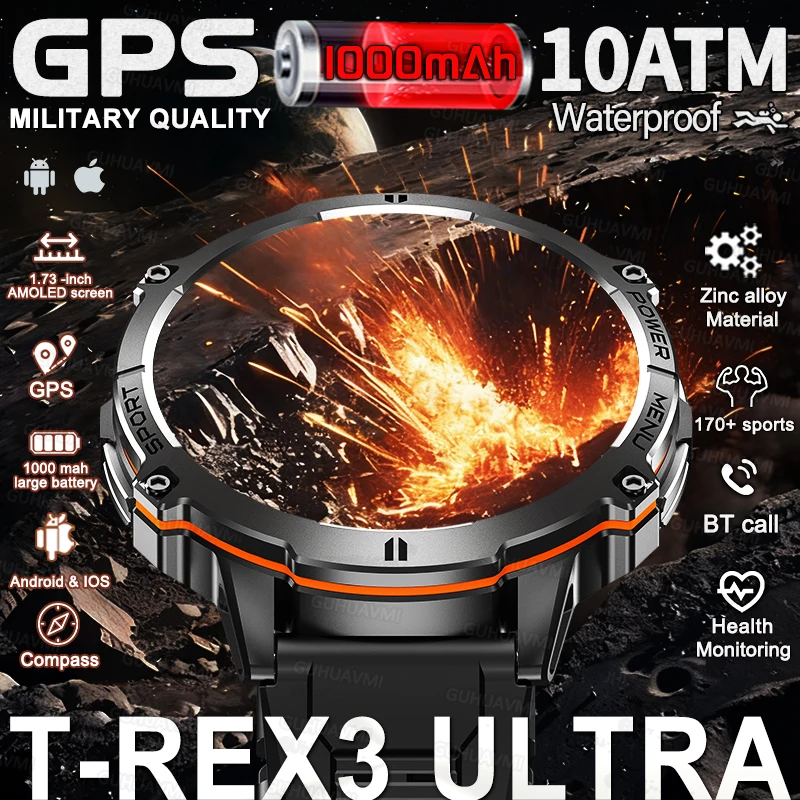 Nowy męski smartwatch wojskowy na zewnątrz 2025, ekran AMOLED 1,73 cala, wodoodporność IP69K 10ATM, bateria super duża 1000mAh, połączenia BT, zegarki męskie.