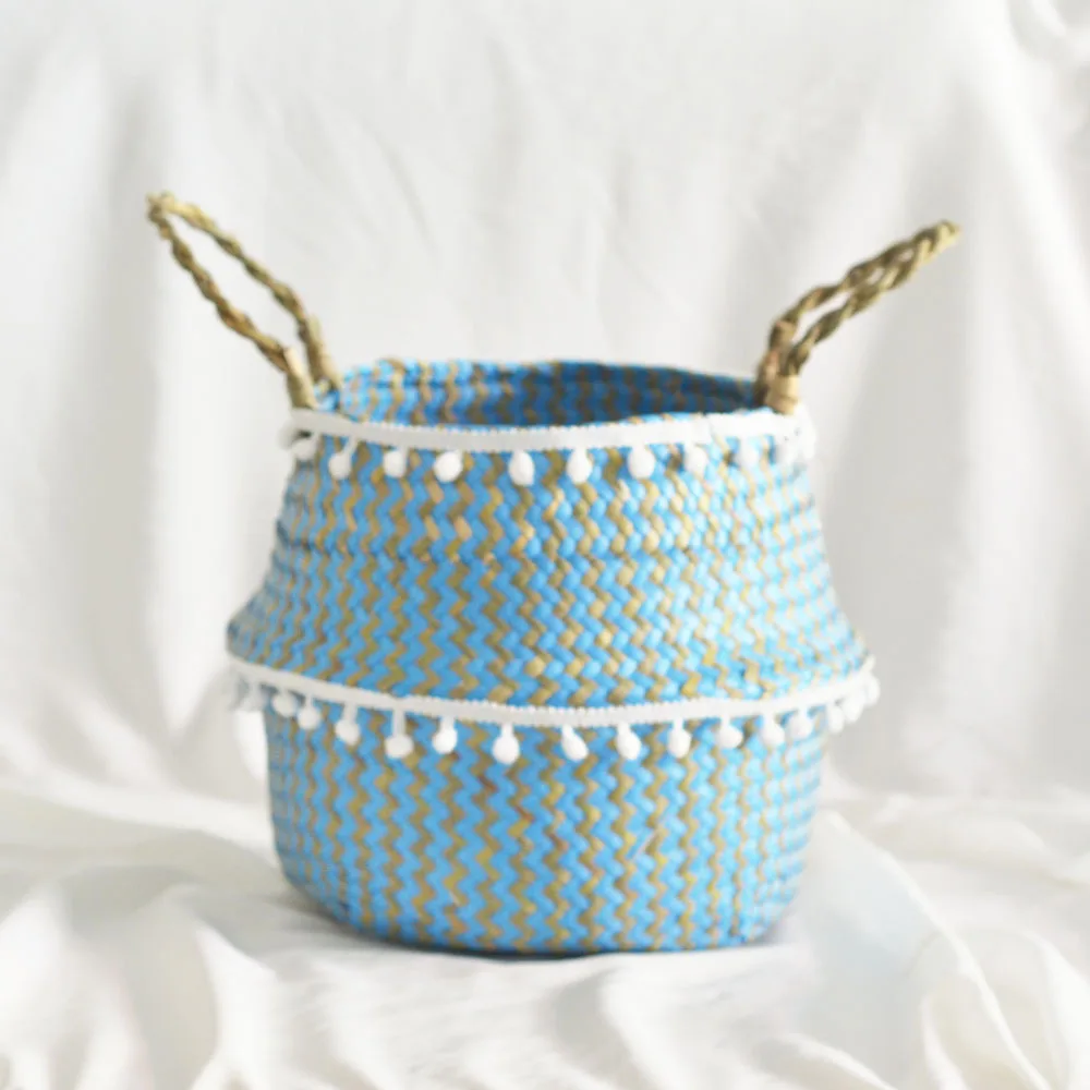 

Seaweed Straw Folding Flower Basket Home Decor Laundry Basket Hand Flower Tray Storage Hand Basket Sundries Basket