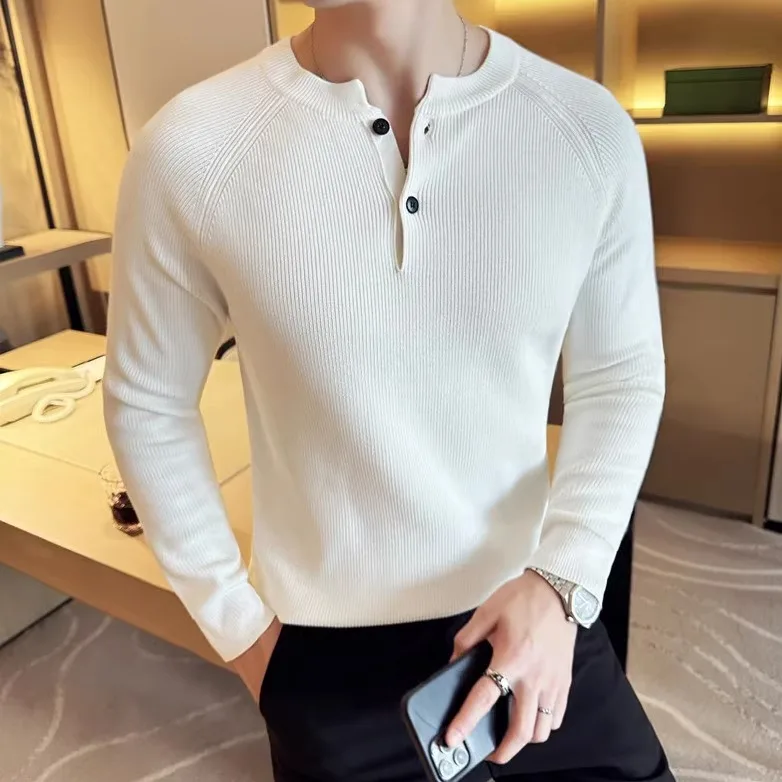 2024 Autumn Winter Henry Collar Sweater Men Fashion Slim Fit Thick Knit Pullovers Solid Color Casual Business Knitwear Tops