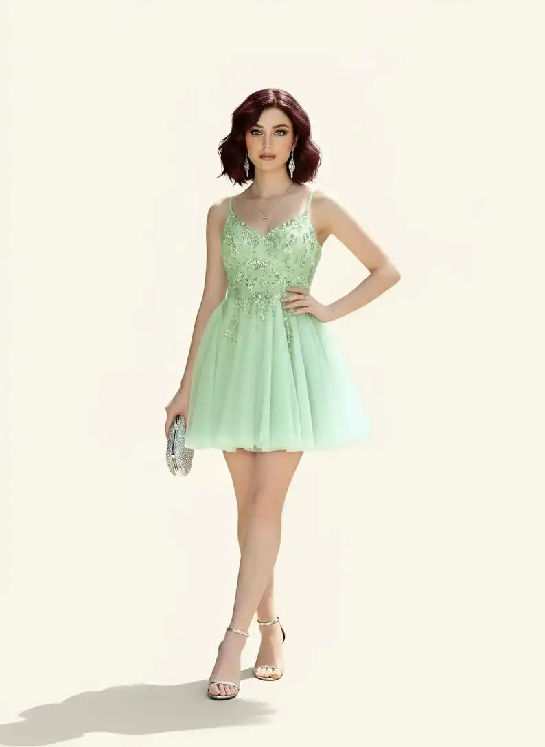 

Sleeveless Dress Short Elegant Cream Green| Tulle Dress Homecoming Dresses Above Knee , Mini