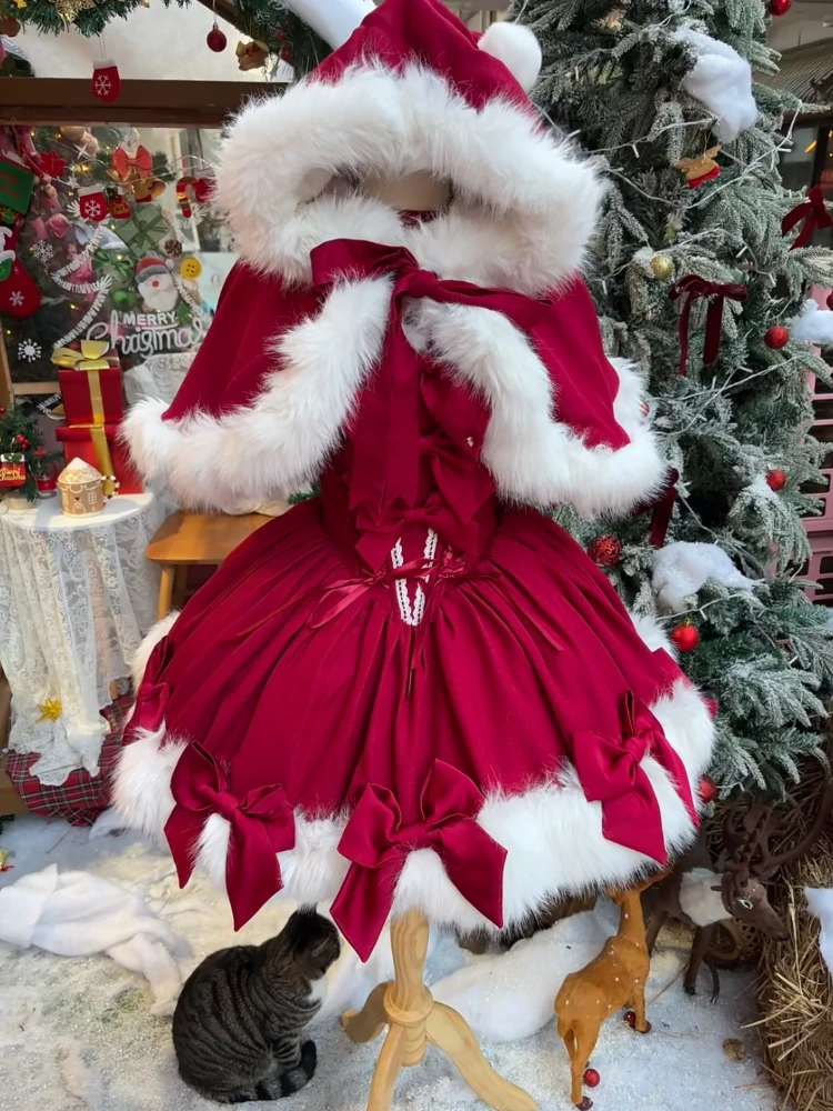 

Зимний новогодний пушистый комплект в стиле Лолиты, накидка с капюшоном + платье на бретелях, новый тонкий красный ретро-милый наряд принцессы для вечеринки, 2025 г.