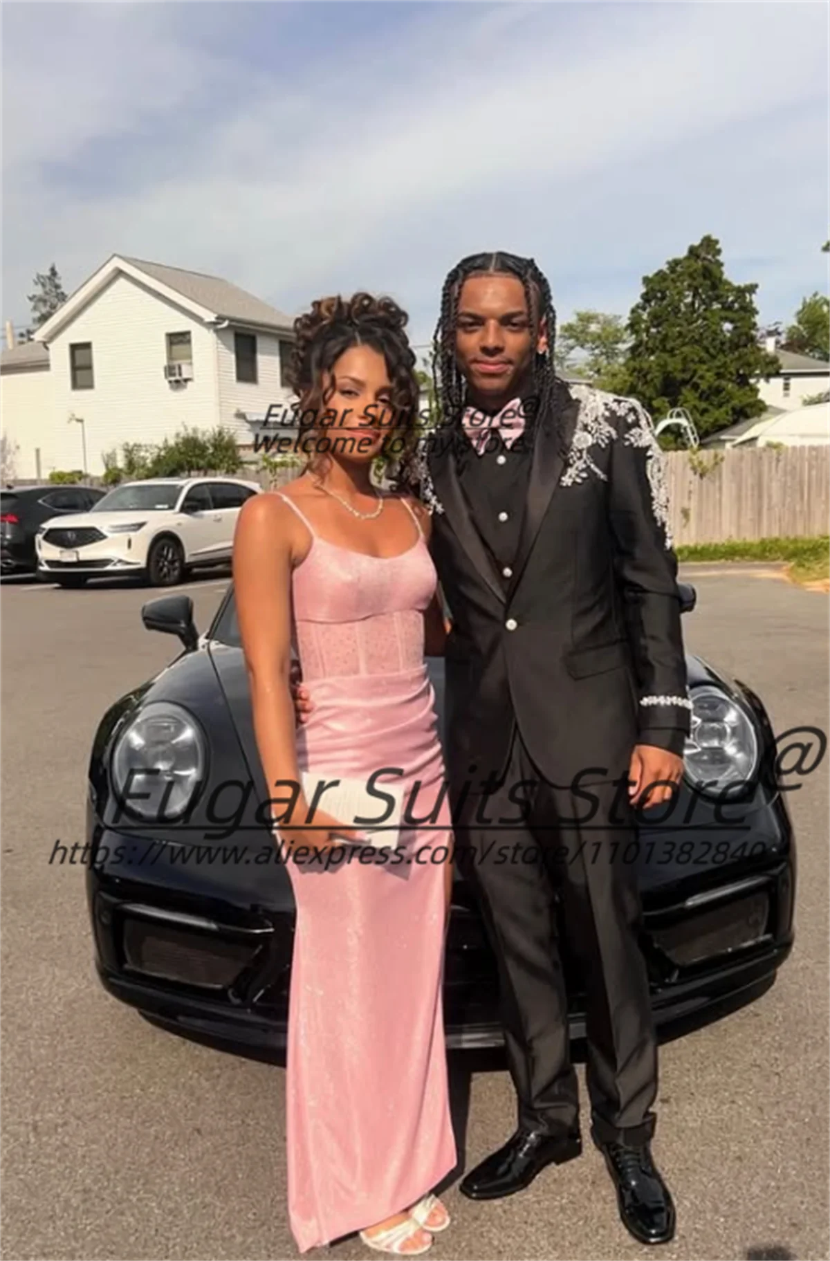 Customized Black Men Prom Suits Fashion Silver Lace Appliques Shoulder Groom Wedding Tuxedos 2 Pieces Sets Costume Homme