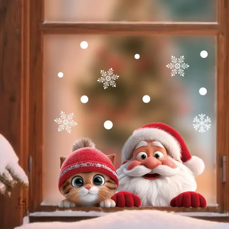 Christmas Window Clings With Cute Santa Cat Snowflake Pattern Removable Self Adhesive For Home Shop Xmas Decoration