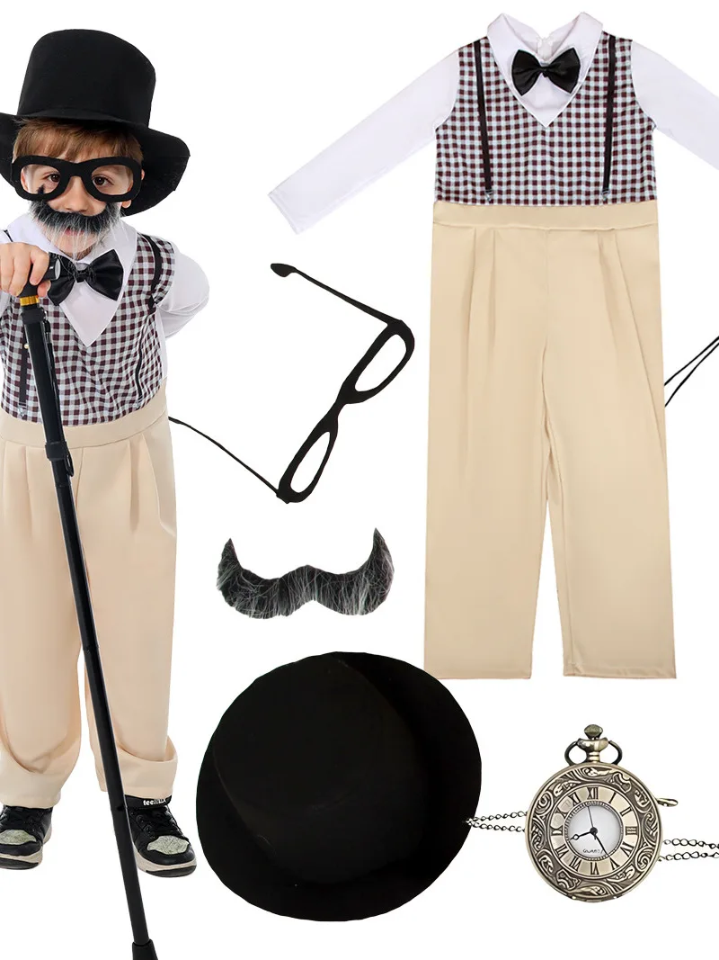 

Halloween Grandpa Costume Funny Performance Clothes School Days Child Actor Outfit Traditional Chinese Stage Costume for Kids