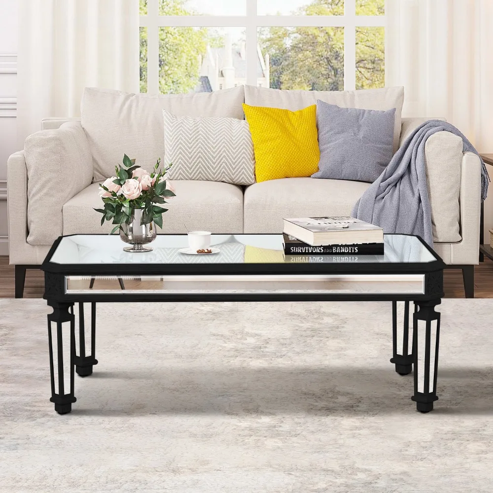

Silver Mirrored Coffee Table, Black Vintage Carved Wooden, Modern Center Table for Living Room, Café Tables
