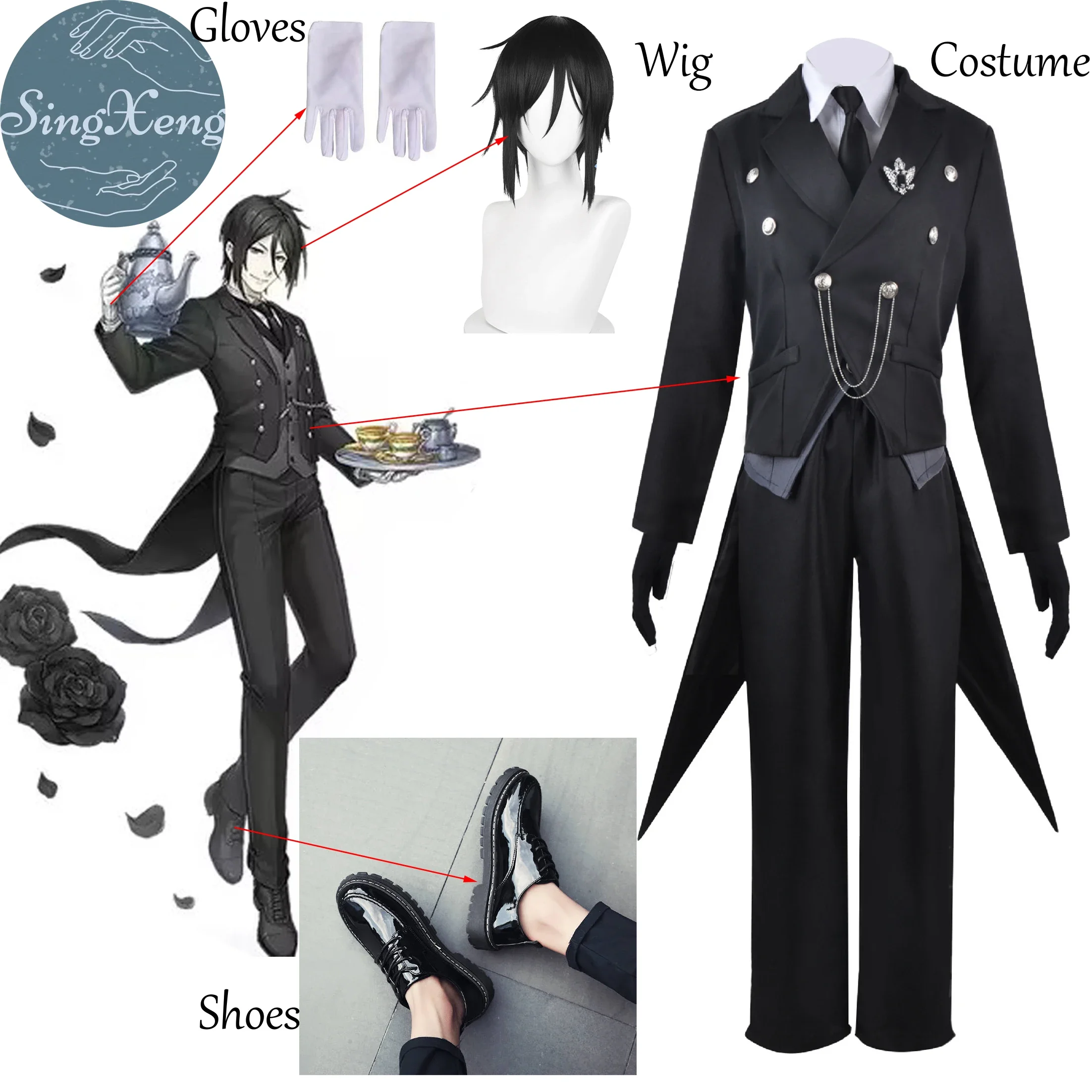 SingXeng Anime Black Butler Cosplay Anime Kuroshitsuji Sebastian Michaelis Cosplay Costume Uniforms Customize Halloween