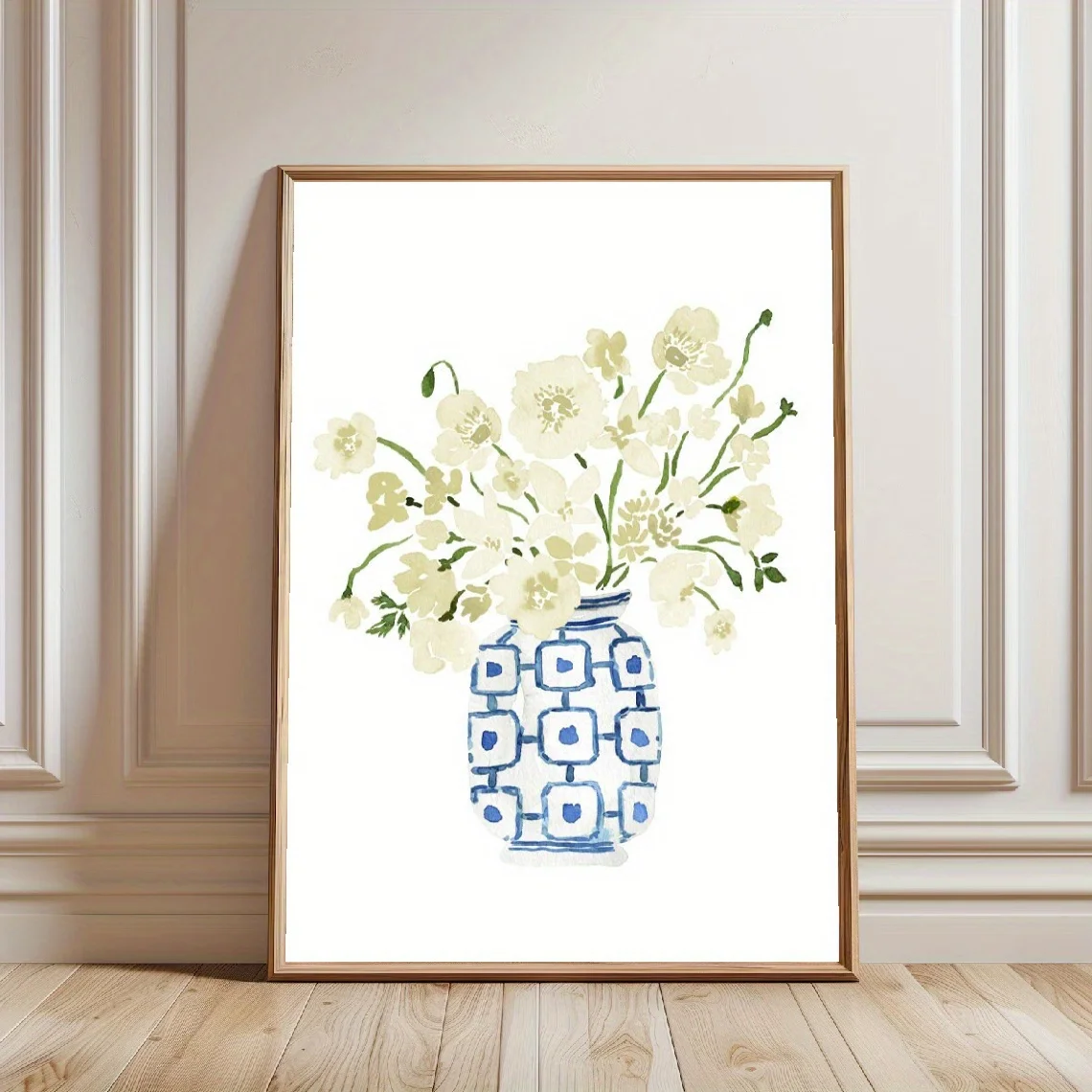 2D Flat, 2D Flat, 1pc Wall Decor, a Retro Poster Featuring Blue And White Floral Designs, a Canvas Painting of a Vase with Fl