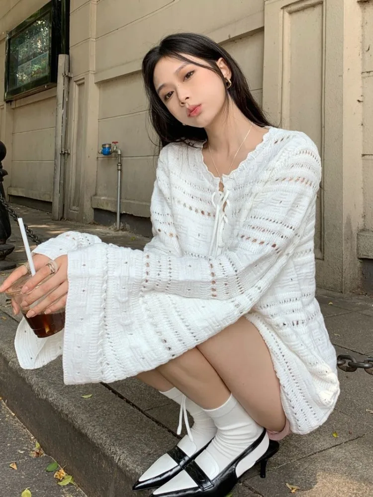 Korobov Hollow White Sweater Niche Loose Long-sleeved Knitwears Y2k Top Chic Lace-up Design Shirt Korean Fashion Ropa De Mujer