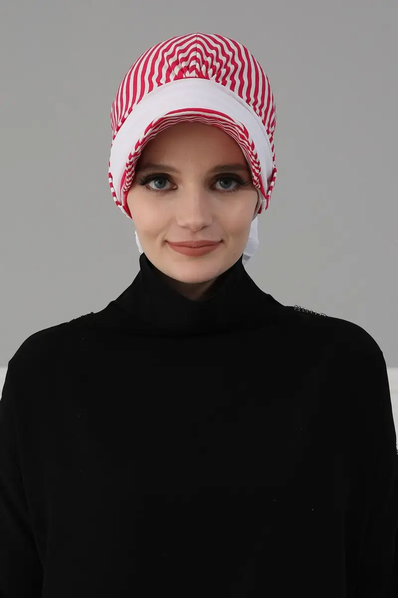 Chiffon Belted Hoed Gestreepte Bone Fuchsia