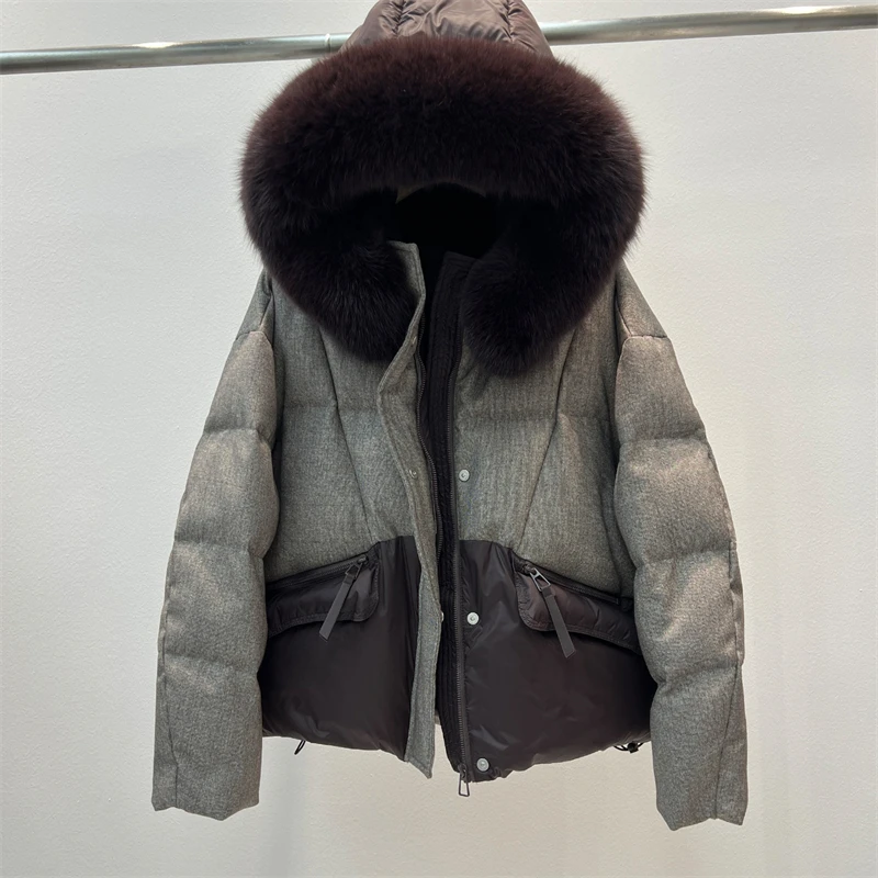 Winter Women Natural Fox Fur Collar Y2K Short Hooded Down Jacket Loose Fit Thick Warm Puffer Coat Fashion Streetwear Outerwear