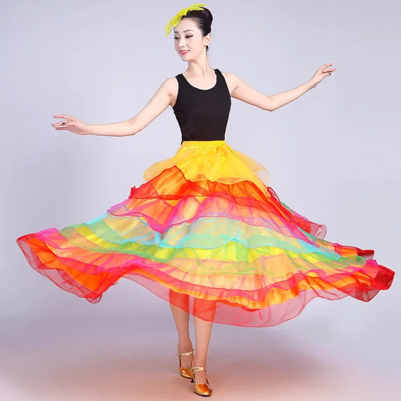 Women's Stage Clothing Bamei Satin Loose Fit Patchwork Color Folds Half Skirt Opening Dance Big Swing Dress Performance Costume