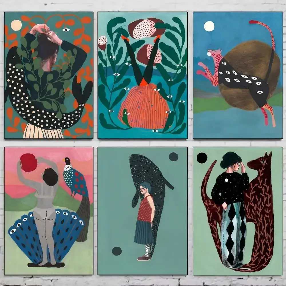 الشمال امرأة نباتات الأسماك والحيوان Jaqua المشارك ذاتية اللصق الفن ورق مقاوم للماء ملصق مقهى بار غرفة جدار ديكور