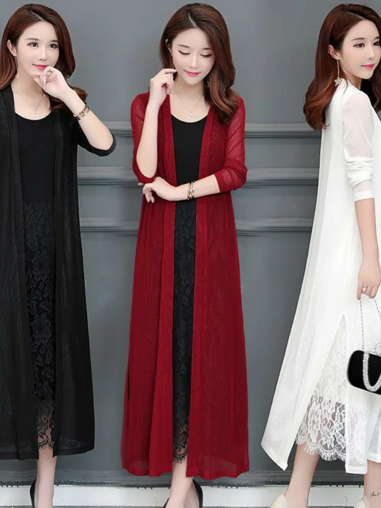

Ultra-Long Open Cardigan Women's Mid-Length Knitted awl Outerwear Sun Protection Summer Thin Ice Silk New Sle Slim Fit