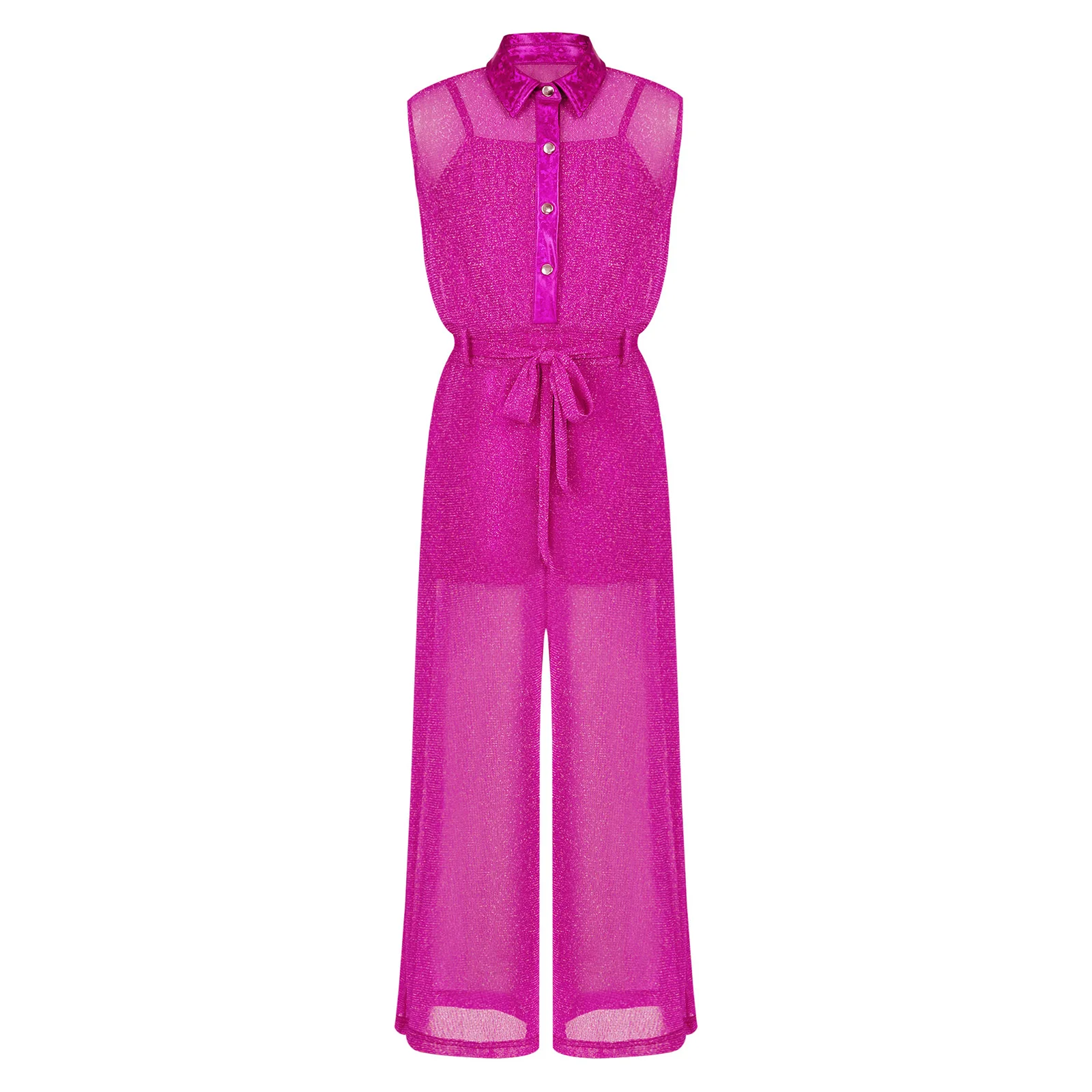 Kids Modern Dance Performance Metallic Bodysuit Jumpsuit 2-piece Set with Mesh Wide Leg Pants Belt for Halloween Party