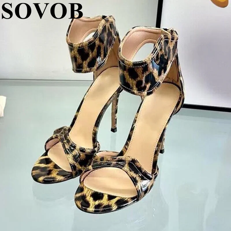 

Summer Open Toed Patent Leather High Heels Women's Leopard Print Fashion Shallow Mouth Sandals Party Banquet Dresses Shoes 2024