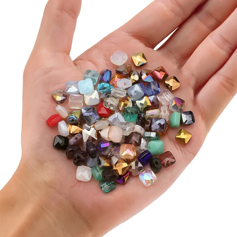 50pcs 6mm Mixed Crystal Glass Square Flat Faceted Cube Beads for DIY Making Friendship Bracelet Spring Party Garment Decoration