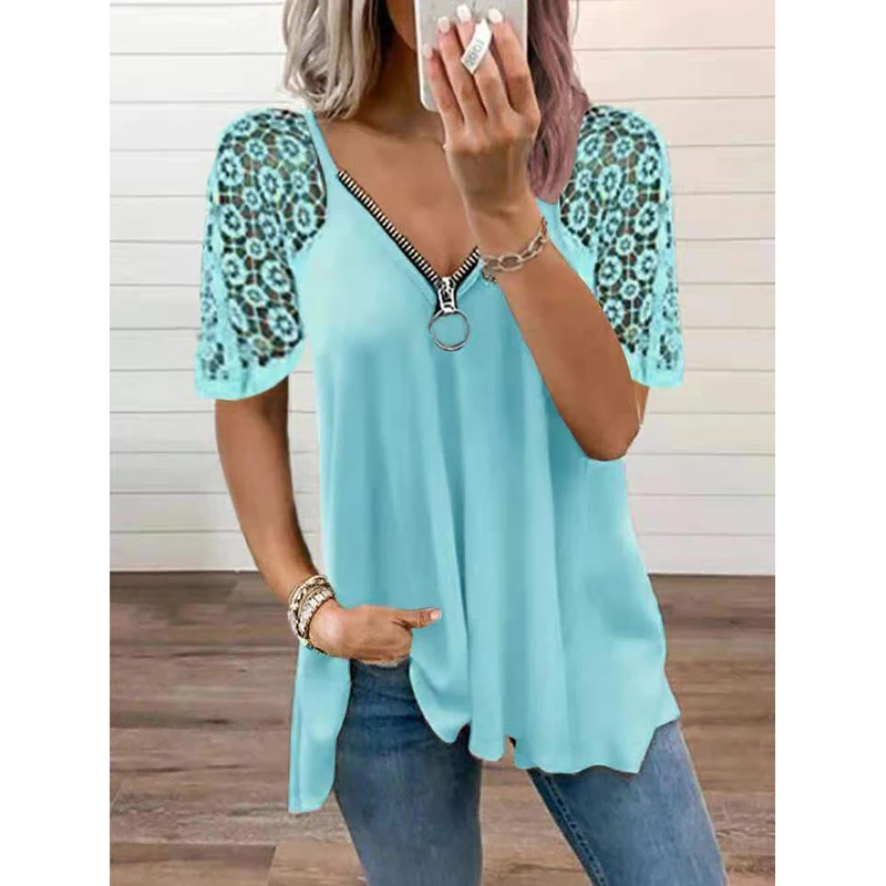 Summer Women's Lace Stitching Short Sleeve Tops Solid Color Loose T-shirt Fashion Casual Women's Clothing  Size Pour Femmes