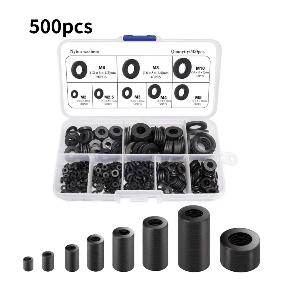 500 Stück flache Unterlegscheiben, Nylon-Gummiringe, einfaches Reparaturdichtungs-Sortiment, M2-M10-Set, selbstspannendes Design – Detail 1