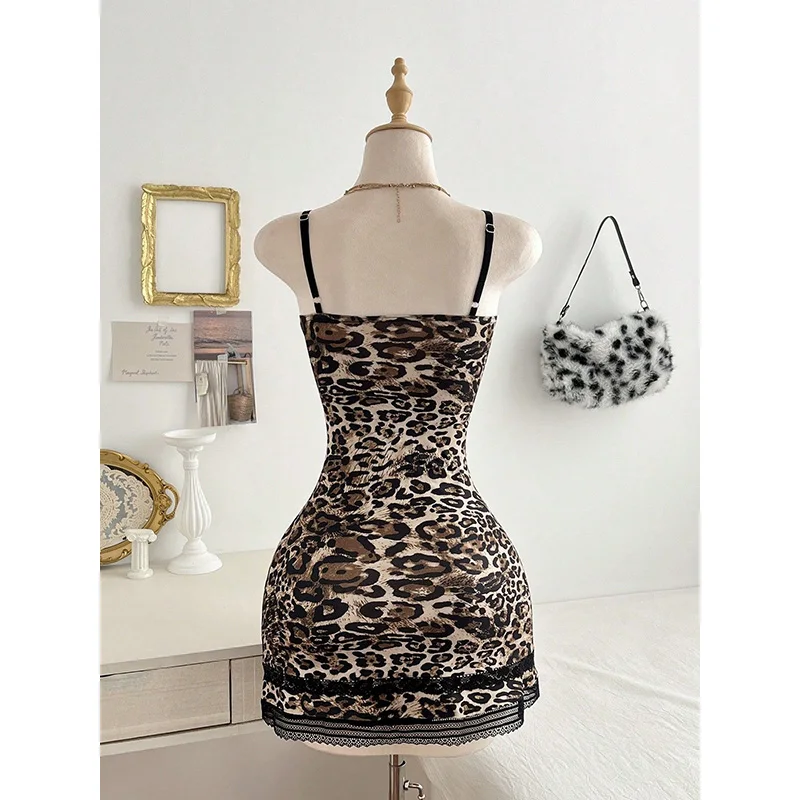 Benuynffy Luipaard Print Contrast Kant Cami Jurk Vrouwen Sexy V-hals Mouwloos Y2k Meisjes Boog Slanke Backless Bodycon Mini Jurken