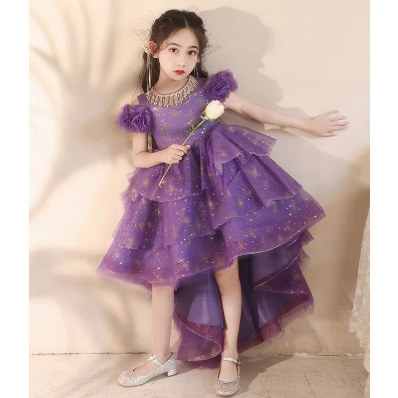 New girl purple dress sweet front short back long sweet princess dress host flower girl wedding piano performance dress