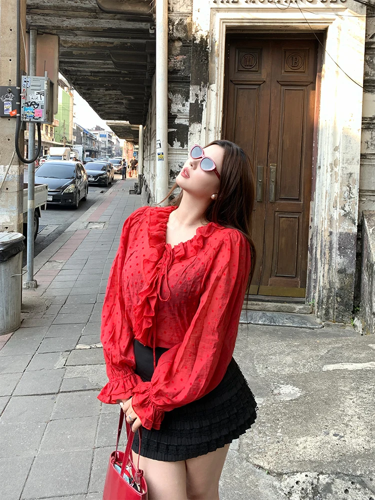 

Spring New Sle Women's Long Sve irt Polka Dot Bubble Sve Ruffle Hem plus Size Ele Sle Polyester Fiber Top