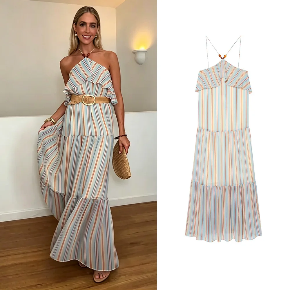 Damen Sommer Gestreiftes Neckholder Sexy Maxikleid Elegantes Schulterfreies Ärmelloses Rückenfreies Patchwork Schickes Urlaubs-Strand-Rüschenkleid
