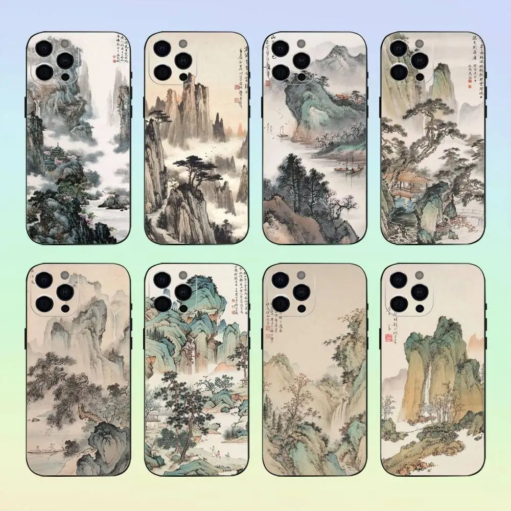 

C-Chinese Landscape Painting Phone Case Silicone Soft For IPhone 17 16 15 14 13 12 11 Black Soft Silicone case
