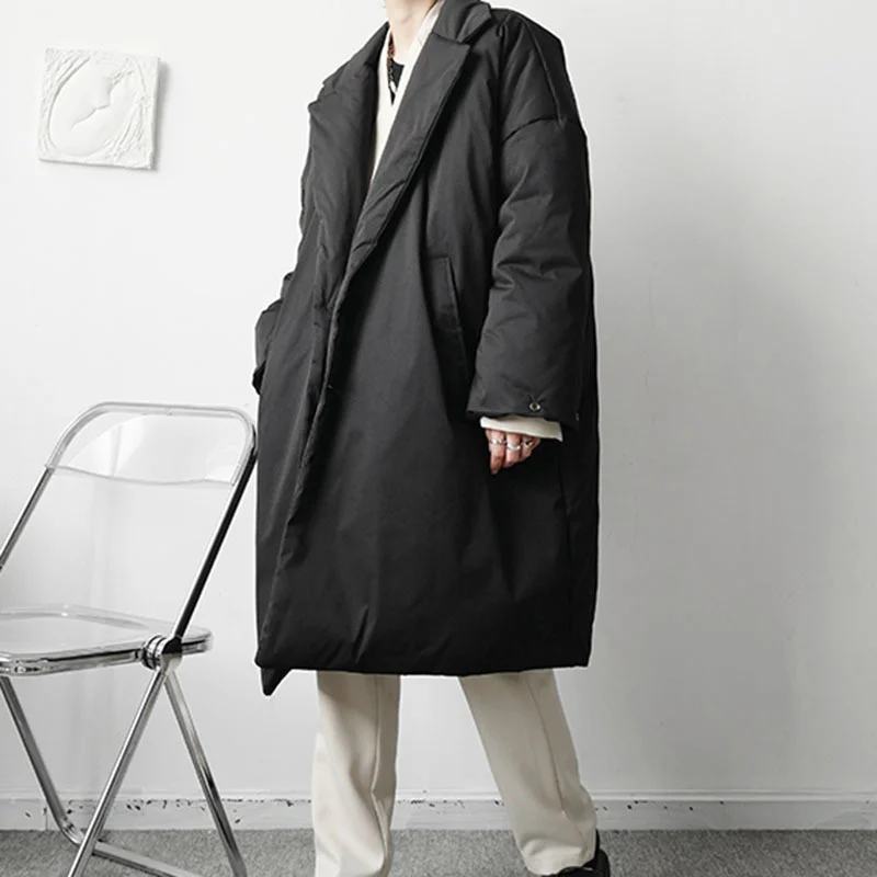 Single Menswear Breasted Oversized Quilted Jackets Fashion Winter Simple Solid Color Cotton Clothing New Loose Notched Coat